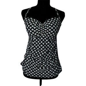 Merona Womens Black Diamond Floral Halter Tankini Top Sz M Swimwear Cinched Boho